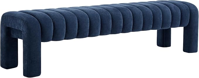 63" Bedroom Bench, Upholstered Entryway Bench, Modern End of Bed Ottoman with Solid Wood Legs and Adjustable Foot Pegs for Entryway, Dining Room and Living Room (Blue Chenille)