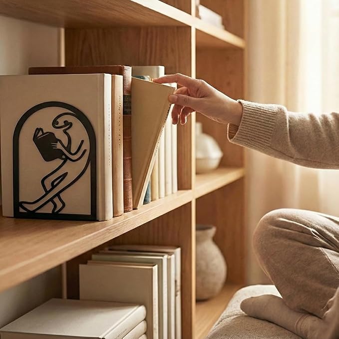 Black Metal Bookends for Shelves Decor Humorous Figure Cute Heavy Duty Bookends for Book Supports, Unique Book Stopper for Office Book Holder Shelf Accessories 1 Pair/2 PCS