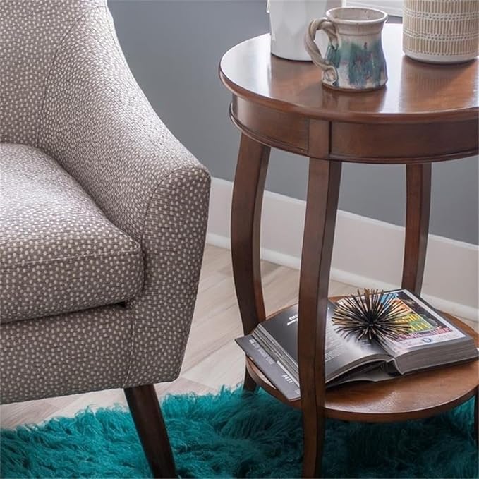 BOWERY HILL Round Wood End Table, Brown Finish, 24" H x 18.5" W x 18.5" D, 1 Shelf, Contemporary Design, Rustic Accent Table for Living Room Storage and Decor