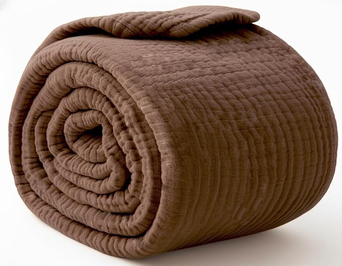 KyraHome 100% Cotton Throw Blanket, 60"x80" Large Plant Dyed Lightweight Breathable Thin Soft Summer Gauze Muslin Blankets for Adults, Boho Cotton Throw for Couch, All Season (Brown)