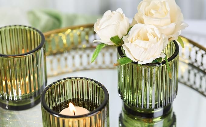 DEVI 8pcs Large Green Votive Candle Holders for Wedding Centerpieces, Glass Tea Lights Candle Holder Decor, Wedding Bridal Shower Party Table Decor, Vintage Boho Easter Decor for Table Centerpiece