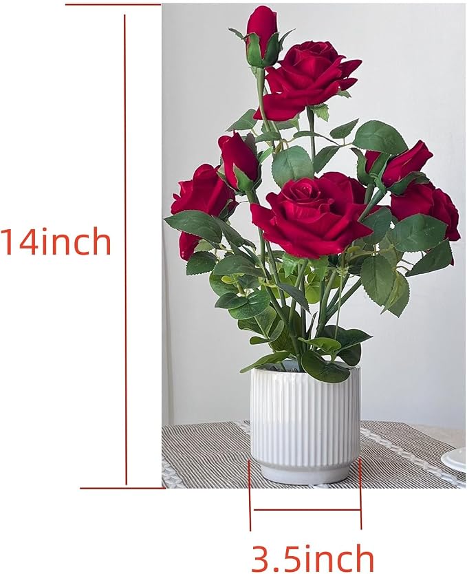 Artificial Rose Plant with Ceramic Vase,Home Decor Potted Floral Arrangement,Silk Roses Artificial Flowers (Red)