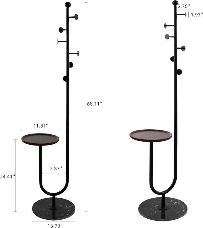 JIAYUEJU Coat Rack Freestanding with Table & 6 Hooks, Corner Coat Tree, Heavy-duty Marble Base Coat Rack Stand for Bedroom Living Room Office Entryway 13.78 x 13.78 x 68.11 Inches (Black)