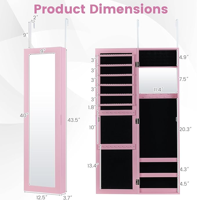 COSTWAY Full Length Mirror Jewelry Armoire, Wall Door Mounted Jewelry Cabinet Organizer with Makeup Mirror, Ring Slots and Necklace Hooks for Bedroom, Dressing Room (Pink)