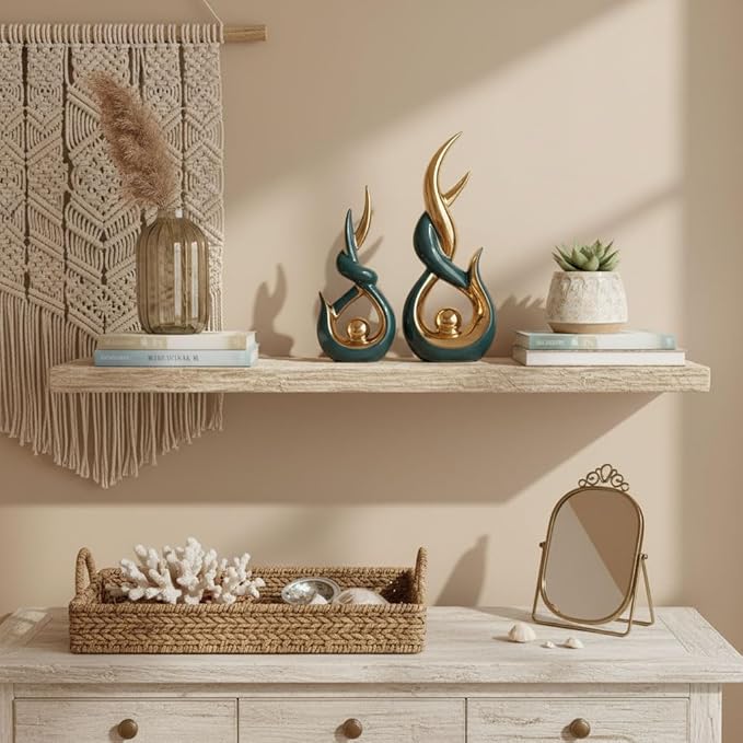 Teal Gold Ceramic Abstract 2 Piece Statue Set,Mid Century Modern Abstract Art Home Decor Statue Mantelpiece on Unique Shelf Decor, TV Cabinet Divider Table top and Dining Table Centerpiece (Green)