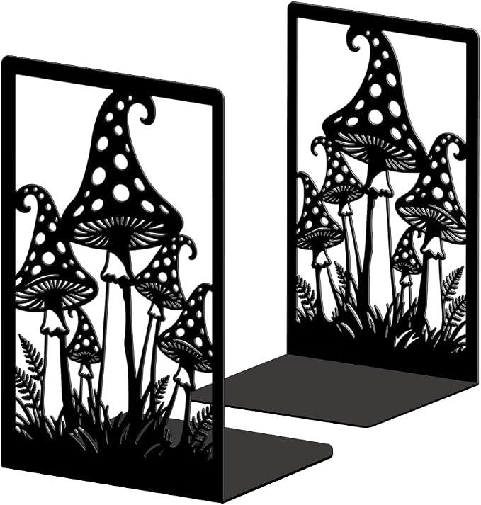 Peacoblue Metal Bookends for Shelves, Modern Decorative Heavy Duty Study Book Ends Stoppers for Office Desk Shelf, Room 5.3"x4.3"x7.9" Cast Iron Tall Bookends 1 Pair (Mushrooms and Ferns)