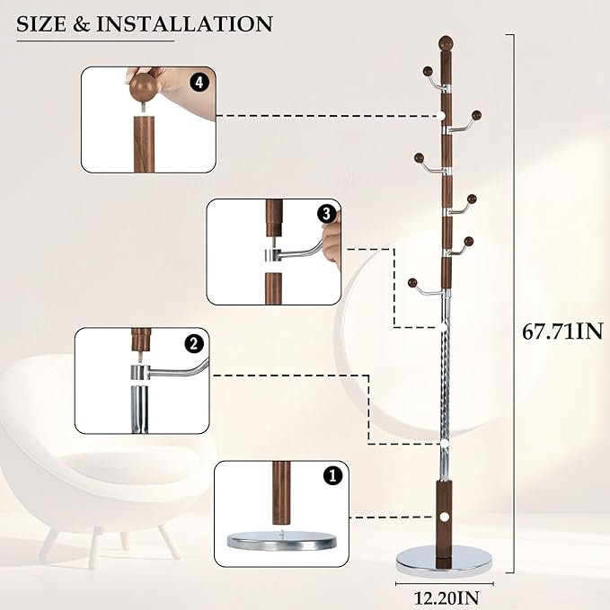 Wood Coat Rack Freestanding, Natural Coats Tree Stand with 14 Hooks, 73" Sturdy and Easy Assembly Coat Rack Stand for Entryway, Hallway, Bedroom, Bags, Hats (Metal Disc Base, Cherry Swivel Hook)