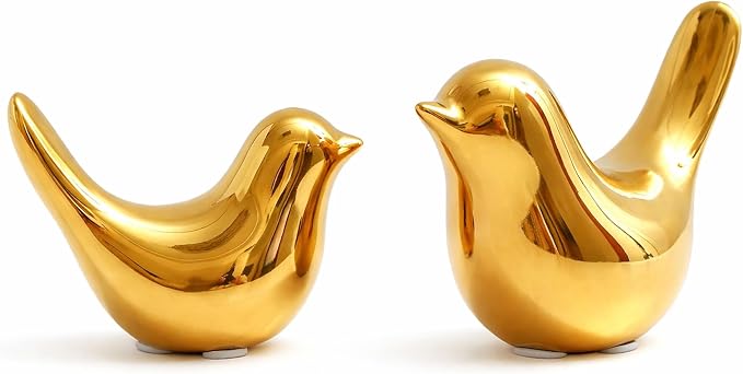 2 Pcs Ceramic Small Bird Figurines Modern Animal Statues for Home 、Room Decor and Bedroom Decor and Bookshelf Display (Gold)