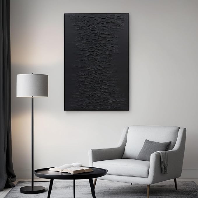 Zessonic Hand-Painted Thick Textured 3D Abstract Wall Art Large Black Texture Minimalist Wall Art - 3D Contemporary Dimensional Home Office Living Room Modern Wall Decor Framed - 24"x36"
