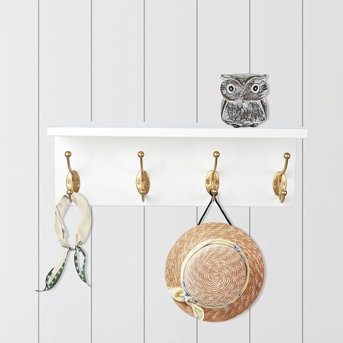 SANY DAYO HOME Wall Mounted Pine Wood Coat Rack with Shelf and 4 Heavy Duty Two-Prong Hooks for Entryway, Kitchen, Bathroom, Bedroom, Laundry (16 x 5 x 4 inches, White and Gold)