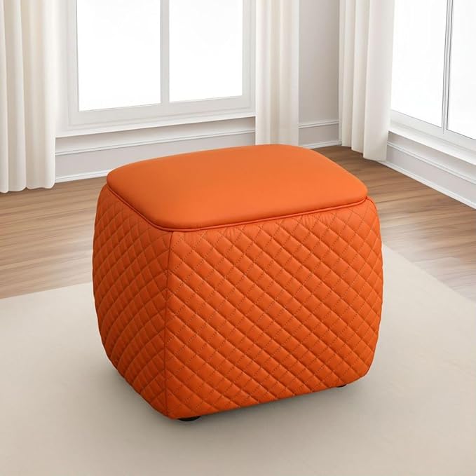 Small Faux Leather Ottoman Foot Rest Square Foot Stools for Couch Chair for Living Room and Dorm, Orange, 19.5" L x 15.5" W x 18" H
