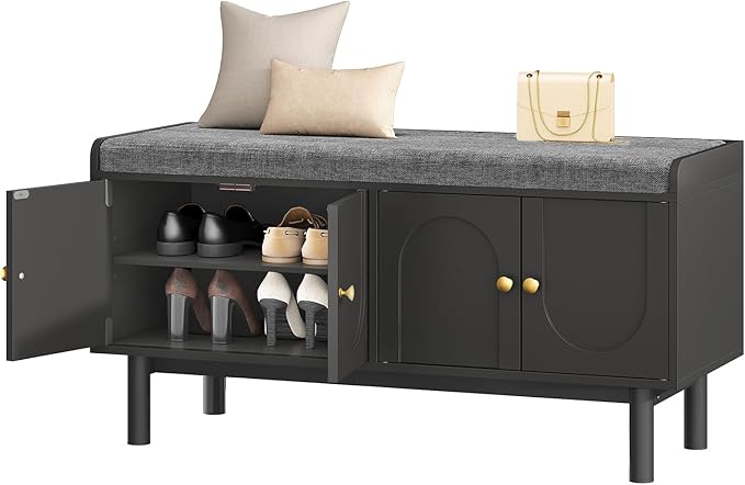 Shoe Storage Bench, 2-Tier Entryway Bench with Cushion, 15" D x 39.4" W x 19.7" H, Shoe Cabinet Bench with 4 Doors and Adjustable Shelves, for Entryway, Hallway, Bedroom, Living Room, Black