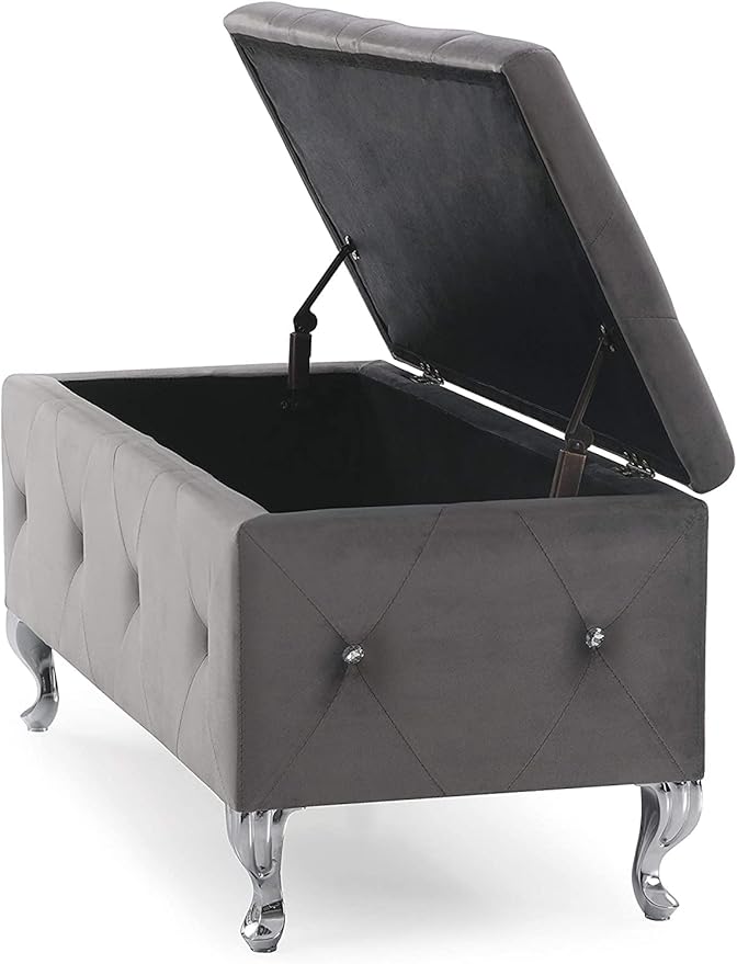 AC Pacific Glam 38 Inches Storage Ottoman Bench for Entryway, Hallway, Living Room, and Bedroom, Upholstered Tufted Faux Leather Ottoman with Storage, Foot Rest and Organizer, Fossil Gray