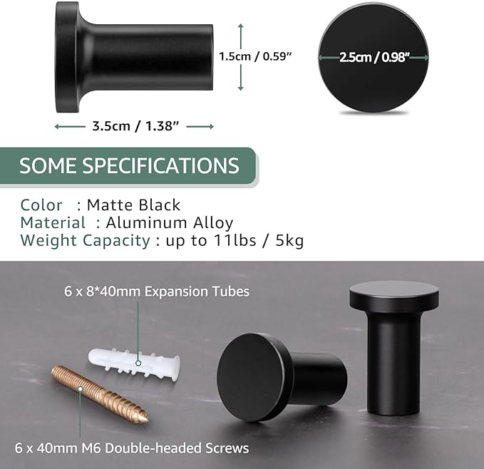 Metal Wall Hooks for Hanging,6 Coat Hooks Wall Mount,Heavy Duty Black Decorative Hooks for Cubicle Entryway,Bathroom Shower Hand Towel Hooks Hangers for Clothes Robe (Round)
