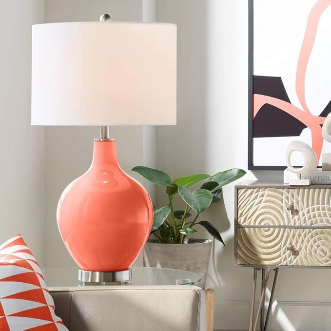 Color + Plus Modern Table Lamp 28.5" Tall Daring Orange Glass OVO White Linen Drum Shade for Living Room Family Bedroom Bedside Nightstand
