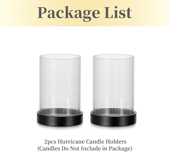 Hewory Ribbed Hurricane Candle Holder: Black Votive Candle Holders Set of 2, Glass Hurricane with Metal Candle Plate, Pillar Candle Holder for Table Centerpiece Christmas Wedding Holiday Home Decor