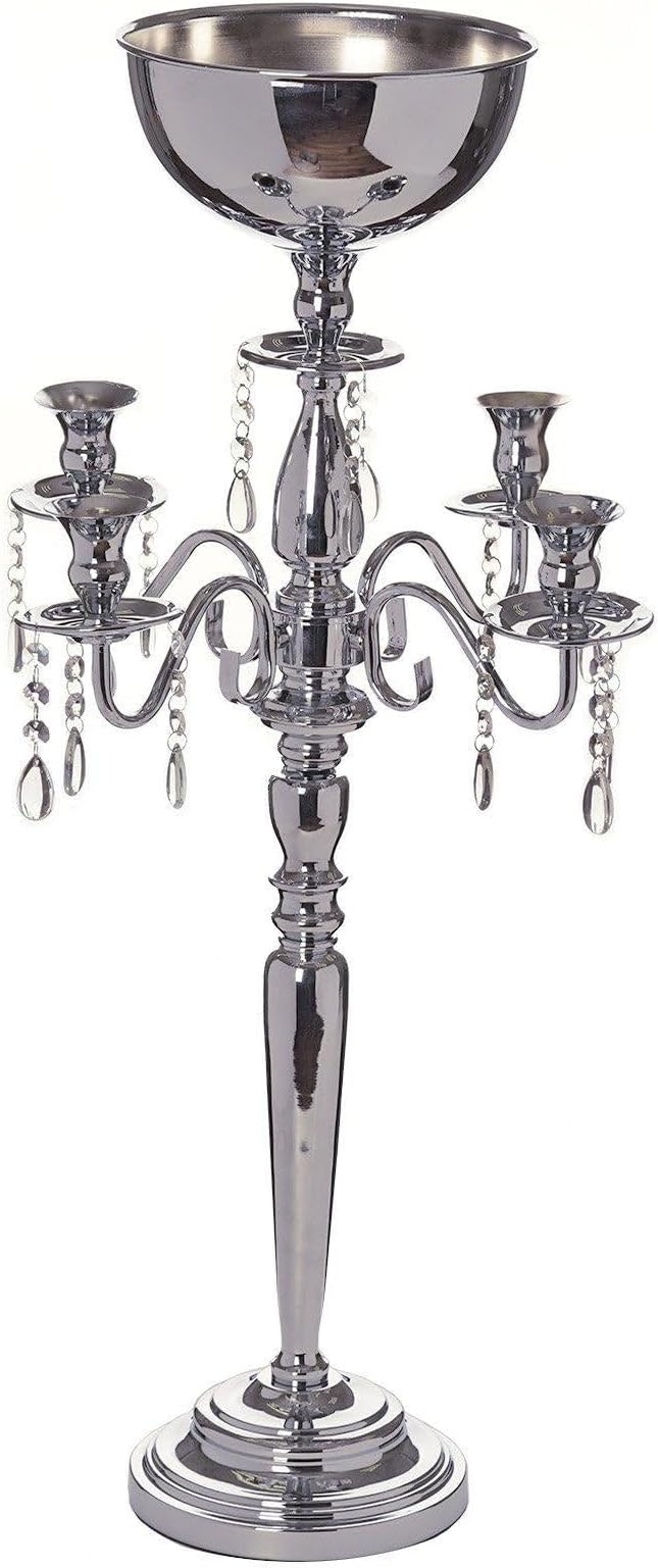 Efavormart 33" Silver Metal 4 Arm Candelabra Votive Candle Holder, Flower Vase Bowl