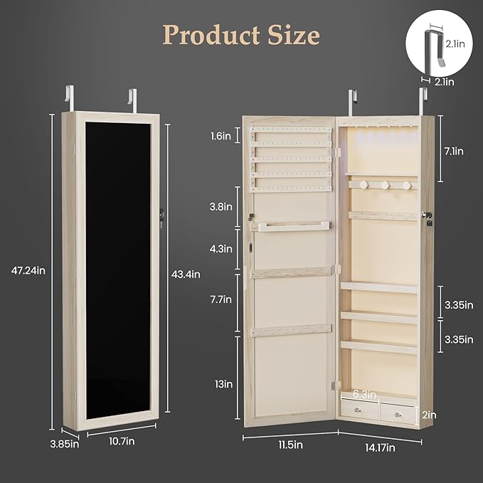 Sweetcrispy Jewelry Organizers and Storage, Wall/Door Mounted Jewelry Armoire with Mirror, 47.2" Tall Mirror with Storage, Automatic 6 LED Lights, Lockable, 2 Drawers, Khaki
