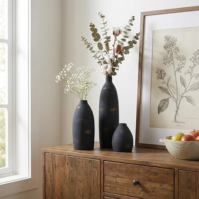Matte Black Ceramic Vase Set of 3, Black Vase Set for Home Decor, Modern Farmhouse Bud Vases for Flowers, Watertight Small Vases, Non Slip Pads for Shelf Decor, Table Centerpieces