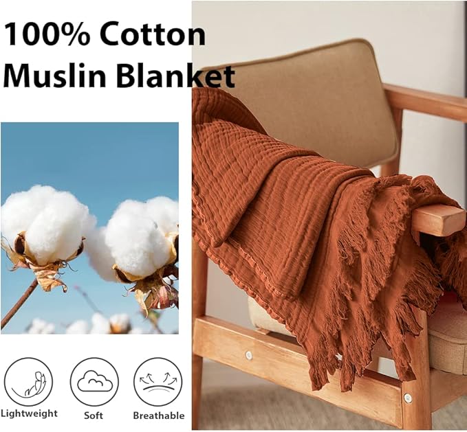 Simple&Opulence Cotton Muslin Throw Blanket for Bed, Couch, Knit Woven Gauze Blanket with Tassels, Soft Lightweight Cozy Pre-Washed Breathable Farmhouse Decoration for All-Season (Rust Orange)