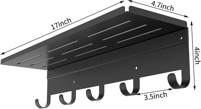 Bethom Wall Shelf with Hooks, Metal Coat Rack Wall Mounted with 5 Hooks, 17 Inch Clothes Hooks Entryway Coat Hangers Storage Clothes, Bags, Purse, Keys for Living Room, Bedroom, Black