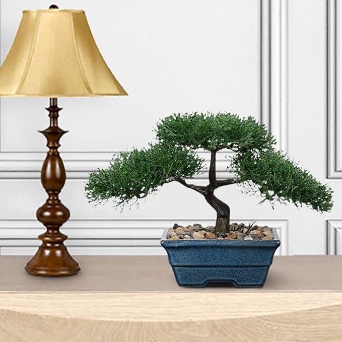 Artificial Bonsai Tree Juniper Faux Plants Indoor Fake Plants Decor with Blue Ceramic Pots for Home Table Office Desk Bathroom Shelf Bedroom Living Room Farmhouse Decorations-Pine
