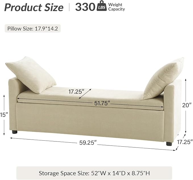 HULALA HOME 59" Storage Bench with 2 Throw Pillows, Modern Long Bedroom Bench for End of Bed, Comfy Upholstered Footstool for Entryway Living Room, Beige