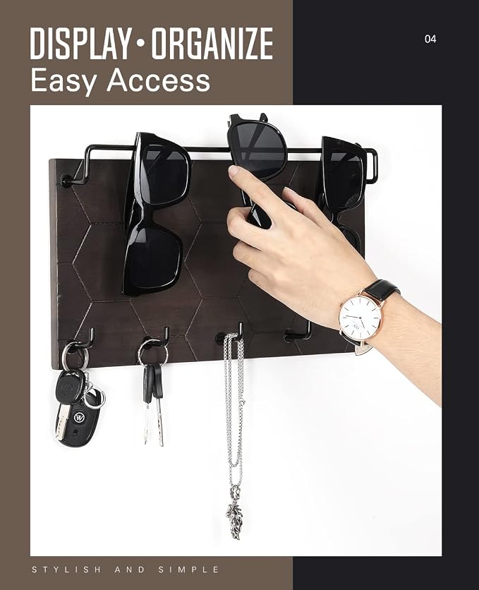 Emibele Sunglass Organizer Wall Key Holder, Decorative Wood Wall Jewelry Organizer Glasses and Sunglass Holder Display with 5 Hooks Key Rack Hanging Eyeglass Storage for Entryway Living Room, Grey