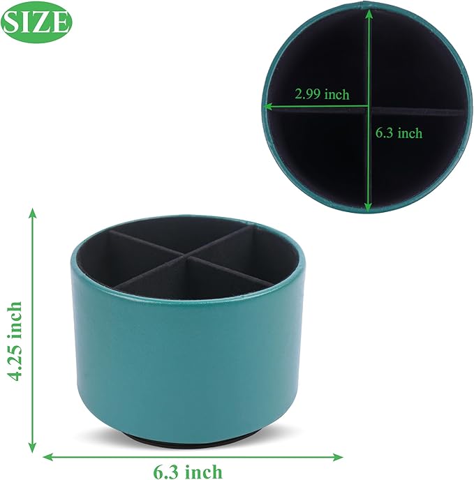 Round Leather Art Supply Organizer,Remote Control Holder,360 Degree Spinning,Multi-Functional Pencil Holder,4 Compartments Desktop Stationary Organizer(1-Sheep Green)
