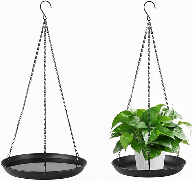 Plant Hanger Indoor Outdoor, 2-Pack Black Metal Hanging Plant Shelf & Window Planter Basket with 9.8/11.8 Inch Trays - Heavy Duty Plant (11.8in-2PCS, 2PACK)