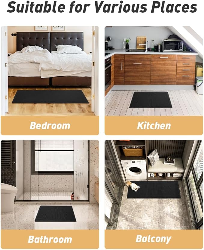 AMOAMI Upgraded Waffle Bath Mat, Super Absorbent Non Slip Bath Mats for Bathroom Floor, Machine Washable Bathroom Rugs with Tassels, Rubber Backed Bathroom Mats, Ultra Soft, 20" x 32", Black