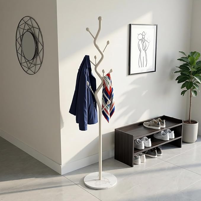 Modern Freestanding Coat Rack, Tree-Shaped Metal Hall Tree with 8 Hooks & Marble Base, Sturdy Entryway Organizer for Coats, Hats, Scarves, Purses, Ideal for Bedroom, Hallway, Office(White)