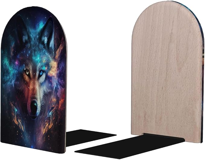 Galaxy Animal Wolf 2Pcs Book Ends for Shelves Non-Skid Wood Bookends Decorative Back to School Books Holders Book Stoppers Bookshelf Accessories for Desk Home Office School Decor (1 Pair)