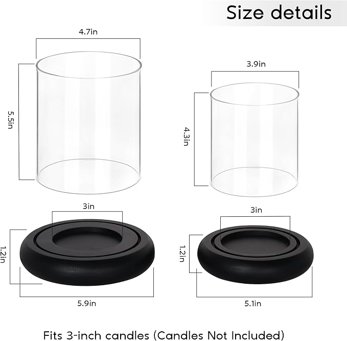 Set of 2 Black Hurricane Candle Holders with Wood Base, Modern Windproof Glass Cylinder Lantern, Farmhouse Pillar Candle Holder Decor for Table Centerpieces, Living Room, Patio & Kitchen Dining