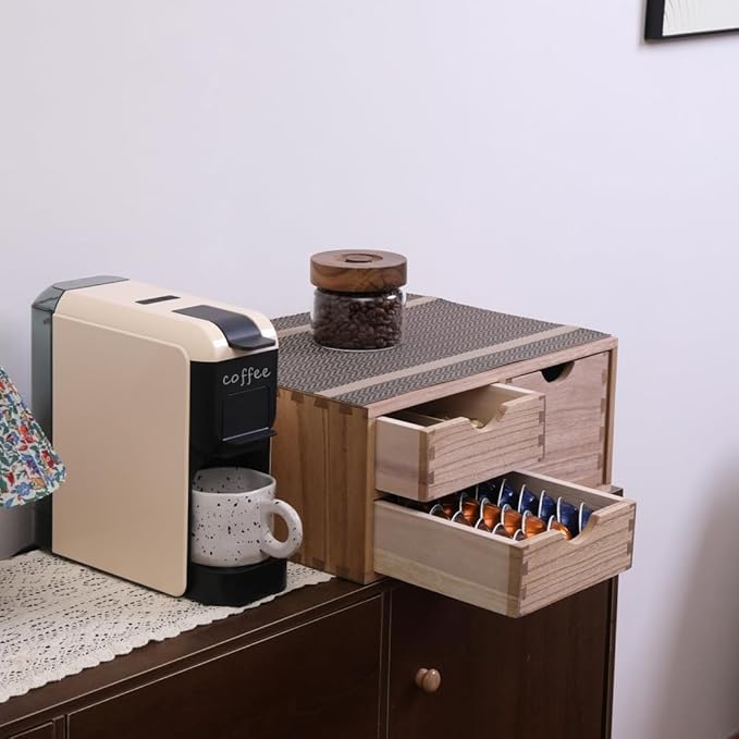 DDYURI Capsules Coffee Storage Drawer for Pod K-cup Holder - Counter Organizer for Kitchen Utensil Storage - Wood Desktop Coffee Brewer Accessories Stand CF2D3C-LT