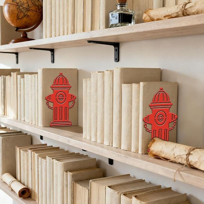 Peacoblue Metal Bookends for Shelves, Modern Decorative Heavy Duty Study Book Ends Stoppers for Office, Desk, Shelf, Room 5.3"x4.3"x7.9" Cast Iron Simple Tall Bookends 1 Pair (Red Fire Hydrant)