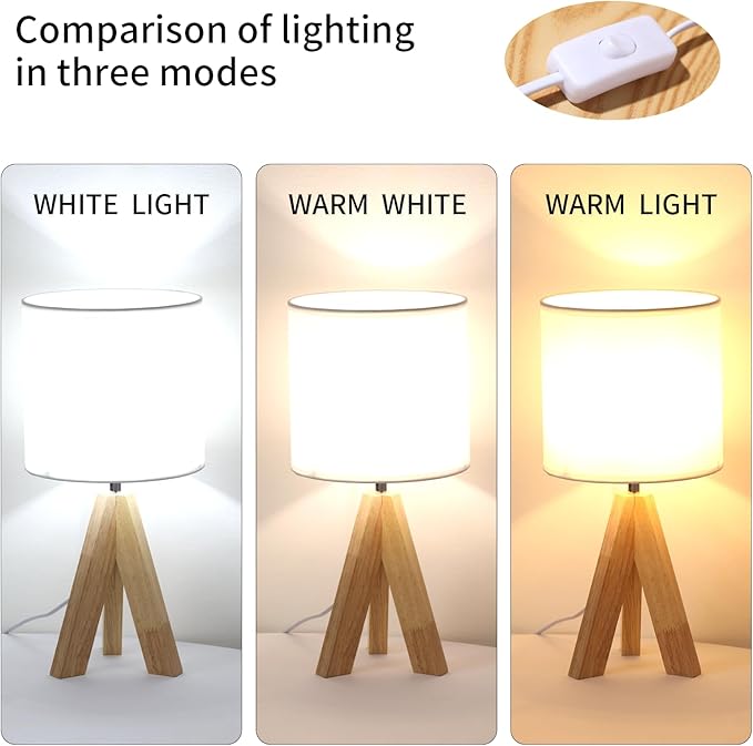 Table Lamp,Small Tripod Desk Lamp with Linen Fabric Lampshade,14.9",Tri-Color 5W Wooden Table Lamp for Living Room,Kids Room,Nursery (White)