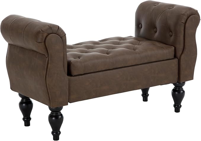 Armed Storage Bench for End of Bed, Modern Brown Bedroom Bench with Wood Legs Upholstered Faux Leather Entryway Bench with Storage, Button Tufted Window Bench for Living Room, Reception