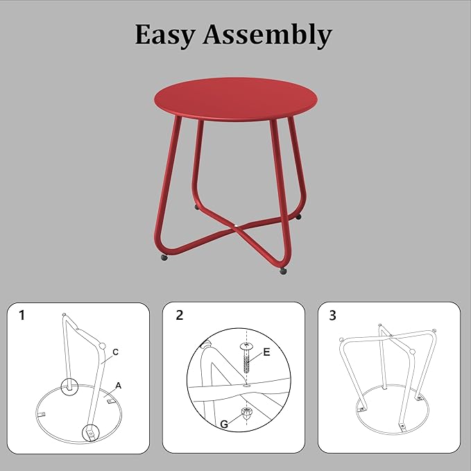 Patio Side Table Waterproof Round Metal Steel Weather Resistant Portable Outdoor and Indoor End Table for Garden Balcony Yard, Dark Red
