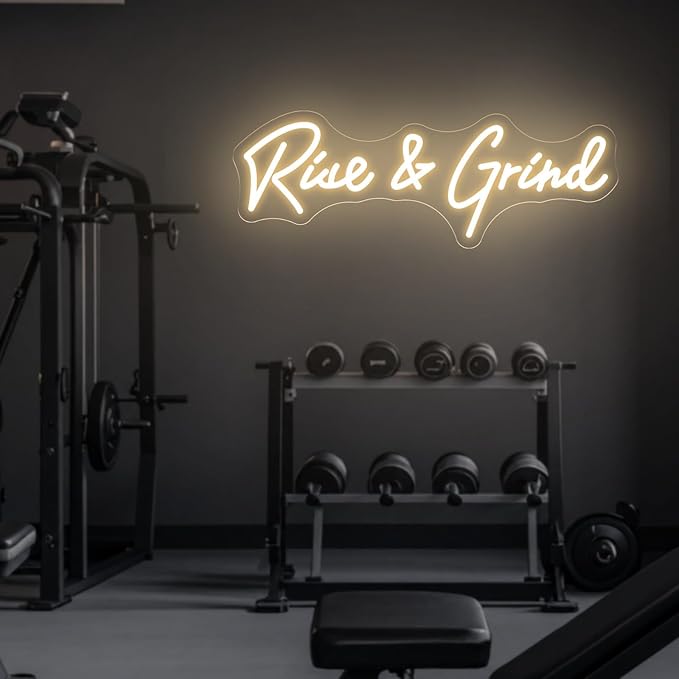 Rise and Grind Neon Sign, Motivational LED Neon Sign for Wall Decor, Dimmable USB Light Up Sign for Bedroom Office Gym Sports Room Man Cave, Pirational Neon Wall Art Gift for Men Coworkers, 17.7x6.3"