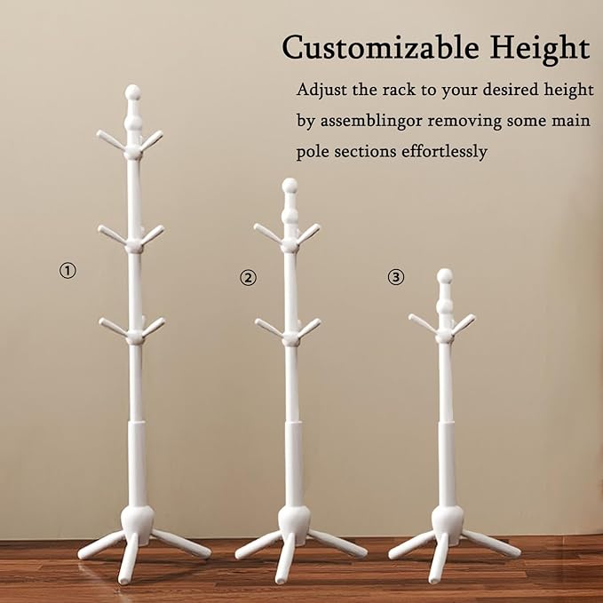 Solid Wood Coat Rack Stand, Morden Heavy Duty Coat Hanger Stand with 9 Hooks, 3 Adjustable Size Sturdy Coat Tree for Living Room, Entryway, Office, Hallway, White