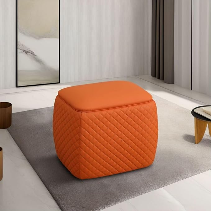 Small Faux Leather Ottoman Foot Rest Square Foot Stools for Couch Chair for Living Room and Dorm, Orange, 19.5" L x 15.5" W x 18" H