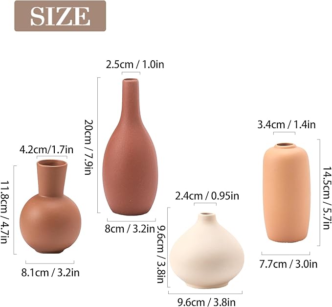 Ceramic Vase Home Decor Small Flowers Vase Set of 4 Living Room Decoration Bookshelf Bedroom Office Kitchen Dining Table Modern Farmhouse