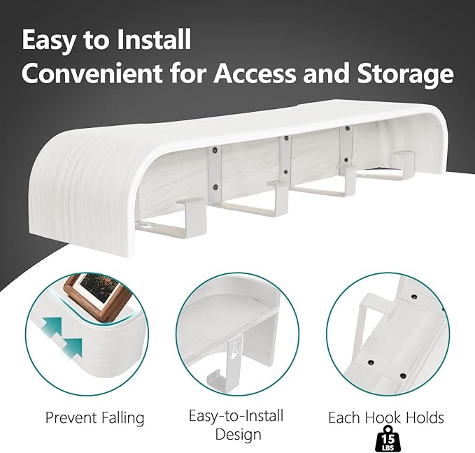 Coat Rack Wall Mount with Shelf 4 Hidden Hooks Modern Wooden Key Holder Entryway Organizer for Hallway Bedroom Bathroom Home Decor Storage for Hanging Coats Hats Bags Towels, White