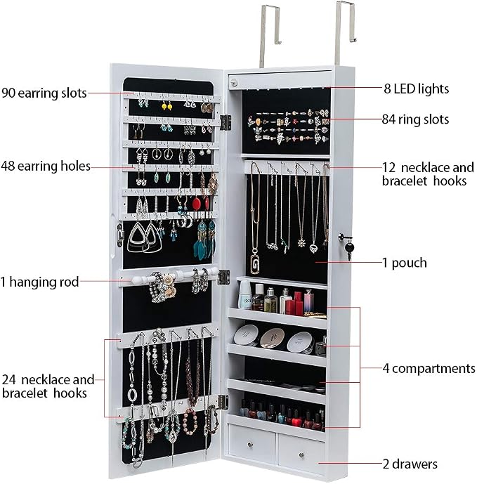 Bonnlo 8 LED Lockable Jewelry Cabinet, Wooden Jewelry Armoire with Full-Length Mirror, Space-Saving Jewelry Organizer Box Wall Door Mounted, Inner Mirror and Large Storage Capacity