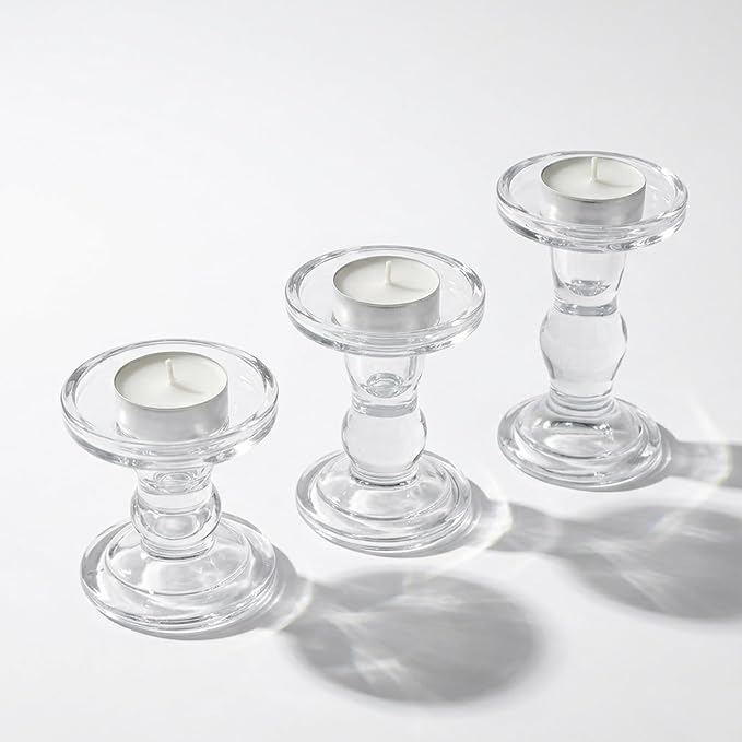 DreamsEden Clear Glass Candle Holders Set of 3, Crystal Transparent Taper Candle Holder for Pillar Taper Tea Lights, Modern Table Centerpiece Decor for Dining Room Living Room Wedding Party Decoration