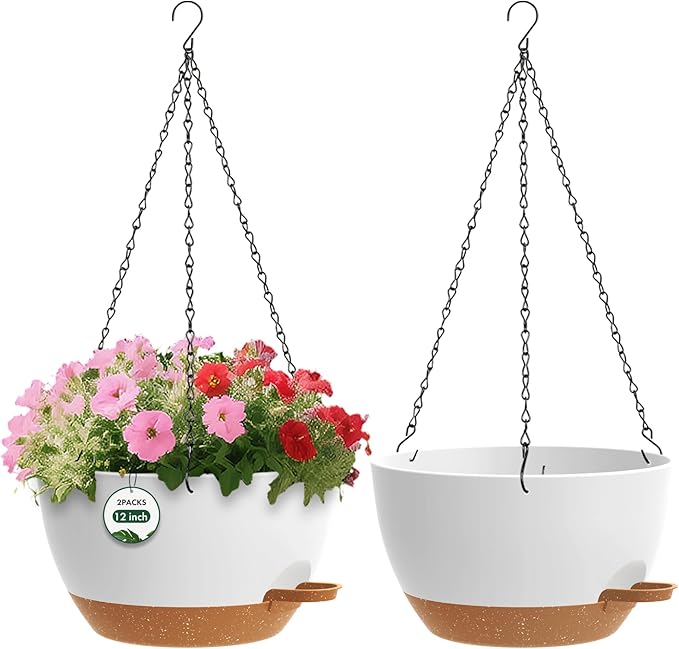 2 Pack 12 Hanging Flower Pots with Chains Self Watering Plastic Planters for Indoor Outdoor Plants, Sturdy Triangular Iron Chain Design for Garden PorchPlastic hanging flower pots (2, White-brown)