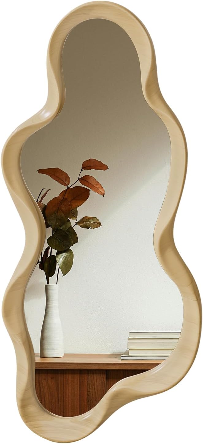 Irregular Wall Mirror, Wooden Framed Wall Asymmetrical Wavy Wall Mirror for Living Room Bedroom Entryway Bathroom Modern Decorative with Hanging Hooks 30x14 Inch