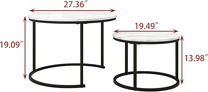 HOJINLINERO Round Coffee Table,Nesting Coffee Table Set of 2,Center Tables for Living Room,Office, Home Small Space,Stacking Side Tables,Sturdy and Easy Assembly,Wood Desktop,Black+White,Large