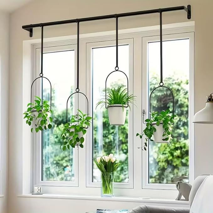 Metal Adjustable Hanging Flower Pots Set with 4 Plastic Pots, Indoor and Outdoor Wall Plant Hanger with Nylon Rope for Windows and Ceiling Herb Garden, 41.4-48 Inches, White and Black